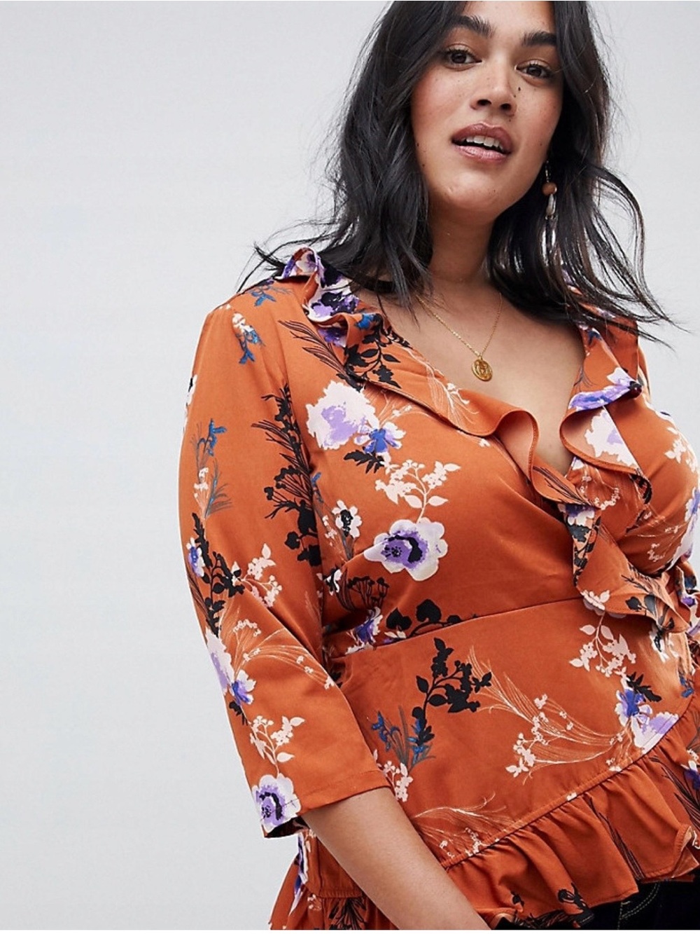 Junarose Rust Orange Floral Ruffle Wrap Blouse